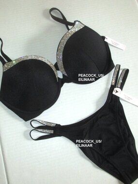 32DD/S VICTORIA SECRET Shine Strap Trim Push Up Top Bikini Set Brazilian Bottom